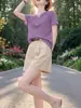 2026 Verano Nuevo Morado Holgado Adelgazante Versátil Top para Mujer Elegante Gama Alta Manga Corta Camiseta A12980