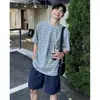 Camiseta de Verano para Hombre con Rayas Grises de Manga Corta, Estilo Universitario Retro Americano para Pareja, Corte Limpio Resistente Hombro Normal Manga Media