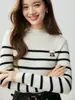 Suéter de cachemira pura para mujer, cuello alto medio, a rayas, cálido, corte ajustado, casual, moderno, capa base versátil