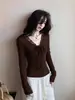 Camiseta Básica de Manga Larga con Escote en V y Adorno de Encaje Picante Estilo Americano para Mujer, Nuevo Top Interior Ajustado para Primavera, Otoño e Invierno