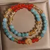Pulsera Doble Círculo de Cristal Amarillo Natural Torre para Mujer, Nuevo Estilo Chino, Lujo Ligero, Jade Azul Agua Retro de Nicho, Pulsera Apilable de Ágata Roja