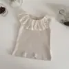 Estilo Ins Verão Bebê Doce Malha Renda Manga Curta Camiseta Colete para Meninas com Gola de Renda e Top Canelado