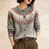Cardigã Feminino Retrô Fair Isle Flor Vermelha Tricô Suéter Outono Casaco Petite Gola Redonda de Botão Único Versátil