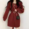 Otoño Nuevo Estilo Occidental Simple Color Sólido Adelgazante Cuello Cuadrado Un Botón Manga Larga Cintura Pequeña Ajustado Vestido Longitud Media