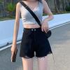 Shorts de mezclilla para mujer verano popular en internet doble hebilla cintura alta pantalones en forma de A nuevo Ins moda adelgazantes sueltos rasgados pantalones super hot pants