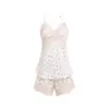 Nova camisola fina de seda gelada feminina transfronteiriça, camisola camisola de renda sexy, conjunto de pijama de bolinhas pequenas, conjunto de loungewear de duas peças