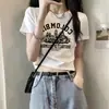 Camiseta Blanca de Algodón Puro para Mujer Diseño Hombro Derecho Manga Corta Verano Estampado de Letras Cintura Alta Top Sexy