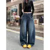 Jeans Vintage de Cintura Alta Wide Leg Azul Profundo Estilo Europeu para Mulheres, Primavera e Verão, Caimento Solto, Emagrecedor, Versátil, Barra Curva, Calça Longa