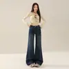 Jeans Feminino Retro Americano com Bolsos Traseiros com Aba Micro Flare Cintura Alta Emagrecimento Temperamento Moda Versátil Não Apertado na Perna Boca de Sino