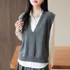 Chaleco de punto de algodón puro con cuello en V para mujer, nueva colección principios de otoño 2025, color liso, corte holgado, sin mangas, perfecto para usar en capas, top para mujer