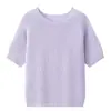 Nuevo top de punto de manga corta de color caramelo para verano hecho de seda y hilo de papel lyocell, camisa casual de protección solar con cuello redondo para mujer