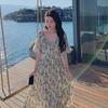 Mamão Leite Verão Elegante Nova Chegada Ombro Estampa Elegante Vestido Francês V-neck Cintura Apertada A- linha Estilo de Férias
