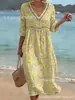 Vestido Casual de Praia com Manga Curta e Decote V Patchwork Moda Cruzada 2026 para Mulheres, Vestido de Verão