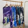 Tiro Real Distintivo Tie-Dye Delgado Cuello Redondo Holgado Corto Mangas de Trompeta Manga Larga Camiseta Malla Protector Solar Blusa Top 8891