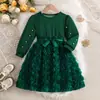Vestido Princesa de Manga Longa Pérola Verde Escuro Outono/Inverno 2026 para Meninas Vestido Moderno com Laço de Rede Rosa Puff