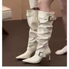 Versión en stock~Botas elegantes de punta fina fruncidas y apiladas estilo vintage, botas de montar de tacón alto adelgazantes para mujer con hebilla de cinturón, botas largas ajustadas