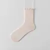 Meias Finas de Seda Femininas de Verão com Bordas Franzidas, Comprimento Meia-Panturrilha, Meias de Algodão Coloridas Sólidas Frescas, Meias Zhuji