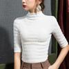 Camiseta Básica de Medio Cuello Alto para Mujer, Manga Media, Corte Ajustado, Cuello Vertical, Manga Media tipo Burbuja, Producto Europeo, Camiseta de Color Sólido, Manga Media