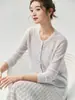 Um item essencial para o outono~Cardigã de tricô com 25% de seda de amoreira e 75% de cashmere para mulheres, gola redonda, jaqueta suéter de crochê vazado