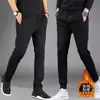 Calça masculina de fleece para outono e inverno, com elasticidade em quatro direções, zíper, múltiplos bolsos, cintura elástica, corte reto solto, estilo jogger