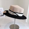 Sombrero de Copa Plana Color Contrastante Estilo Xiaoxiang Lino Imitación Sombrero de Sol de Paja para Viajes de Verano de Mujer Sombrero de Playa con Cinta de Lino y Seda de Lujo Ligero