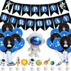 Decoração de bandeira de fundo para festa com tema espacial, balão de filme de alumínio de astronauta, topo de bolo pequeno, decoração de festa