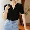 Lã penteada Decote em V Cor Sólida Mulheres Meia Manga Fina Slim-Fit Emagrecimento Viajante Primavera/Verão Pulôver Fino Tricotado Manga Curta