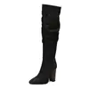 2026 Moda Nova Simples Europeu e Americano Botas Acima do Joelho Bico Fino Franzido Camuflado Salto Bloco Zíper Lateral Botas da Moda Sapatos Femininos