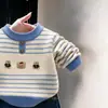 Suéter Pulóver Bordado de Oso de Dibujos Animados Estilo Coreano para Niños Otoño Invierno Nuevas Llegadas Niños Niñas Tejido Cálido Rayado