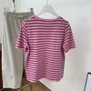 Camiseta Japonesa Retrô Rosa Jacquard Listrada Gola Redonda Manga Curta para Mulheres, Top Casual Versátil Solto e Modelador para Mulheres
