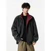 Chaqueta americana retro de cuero PU con teñido anudado, de moda para otoño, para hombre, con cuello alto, corte holgado y estilo versátil para el uso diario.