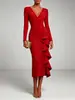 Vestido Midi Customizado 2026 Europeu e Americano de Gola V de Manga Longa, Acinturado, com Babados, um Traje Ajustado e que Valoriza a Silhueta para Ocasiões Formais