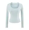 Súper delgada con sensación transparente~ Top de camiseta sexy de manga larga ajustado para mujer verano cuello U grande capa base ajustada top de puro deseo