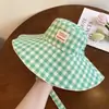 Sombrero de Pescador a Cuadros Estilo Japonés con Cordones para Mujer, Sombrero de Verano con Ala Ancha para Senderismo al Aire Libre, Sombrero con Protección Solar de Sombra para Circunferencia de Cabeza Grande, Moderno