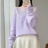 26 Nuevo Suéter de Punto Hueco 100% Lana Otoño/Invierno para Mujer, Jersey Holgado de Cuello Redondo Suéter de Cachemira