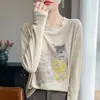 Top de base estampado para mujer, casual, corte holgado, adelgazante, suéter de punto fino, retro y elegante, cuello redondo, adecuado para primavera y otoño, top de capa interior