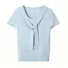 Top de punto de manga corta estilo coreano, tipo chal con corbata, dos piezas falsas para mujer, nuevo modelo de verano, elegante y juvenil, top súper atractivo