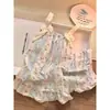 Pijama de nube de algodón estilo princesa coreana en azul claro con rayas, flores pequeñas, encaje en forma de corazón, copas en el pecho incorporadas, conjunto de dos piezas