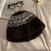 Chapéu de Pescador de Lã Tricotado Estilo Fair Isle para Mulheres no Outono e Inverno Estilo Coreano Rosto Pequeno Quente Circunferência da Cabeça Grande Chapéu de Lã