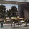 Mesa e Cadeira de Teak Rattan Trançado para Exterior Mobiliário de Pátio de Villa Jardim Estilo Pousada Terraço Exterior Combinação de Mesa Longa e Cadeiras de Madeira Maciça