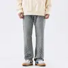 Jeans Scimitar Lavado Rasgado Estilo Americano para Homens, Calça de Cintura Alta Linha A Wide-Leg de Alto Padrão, Calça Reta Spliced Bonita