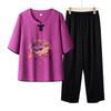 Roupas de Verão para Mulheres de Meia-Idade e Idosas, Conjunto de Manga Curta para Avó, Conjunto de Duas Peças com Camiseta Estampada para Mãe, Blusa Solta para Senhora Idosa