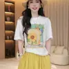 Camiseta Branca de Manga Curta com Estampa de Pintura a Óleo com Padrão Floral Pequeno para Mulheres Verão 2026 Novo Estilo Algodão Puro Pesado Casual Versátil