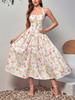 Vestido de Verano Nuevo Estampado Elástico en Cuatro Direcciones con Cuello Halter Espalda Descubierta con Tirantes Falda de Línea A de Longitud Media Sexy Europeo y Americano