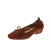 Sapatos femininos retrô de camurça com laço e salto grosso, tamanho 26, novos sapatos versáteis de calçar para primavera/outono, sapatos rasos estilo vovó