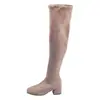 Botas altas elásticas para mujer por encima de la rodilla con tacón alto para otoño e invierno, punta redonda, para mujeres petite, gamuza, tacón grueso, botas altas de ajuste ceñido