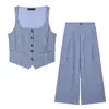 Fabricante transfronterizo de ropa para mujer al por mayor 2026 Moda europea y americana casual de lino a rayas ajustado conjunto de chaleco + pantalones