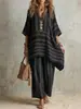 Comércio Exterior Transfronteiriço Europeu e Americano Roupas Femininas Amazon Fashionável Estiloso Gola V Solto Listrado Casual Conjunto de Duas Peças