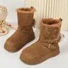 Botas de invierno cálidas de algodón con forro de lana, suela gruesa, que aumentan la altura, estilo transfronterizo con hebilla, botines o botas de media pantorrilla retro, para mujer