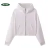 Moletom feminino curto com capuz, gola semi-alta e zíper, feito de fleece pesado de 400g, top da moda outono e inverno, pode ser estampado